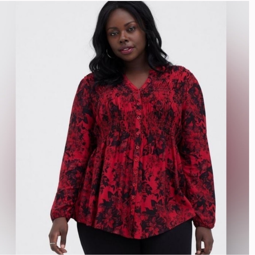 Torrid Smocked Babydoll Tunic 2X Red Black Floral Button Front High Low Top - Picture 1 of 8